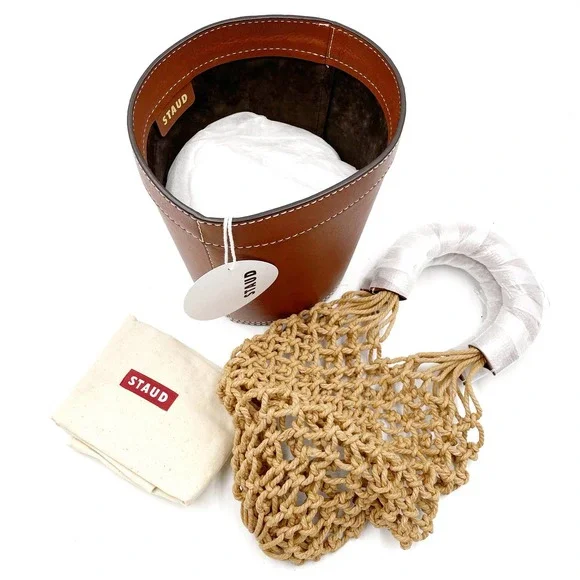 SOLD- Staud Mareau Cage Bucket Bag Brown Leather Tan Rope Net Double Handle - Picture 9 of 12